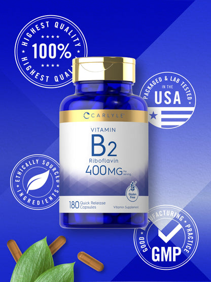 Carlyle Vitamin B-2 400mg – 180 Count – Non-GMO & Gluten Free | B2 Riboflavin Supplement