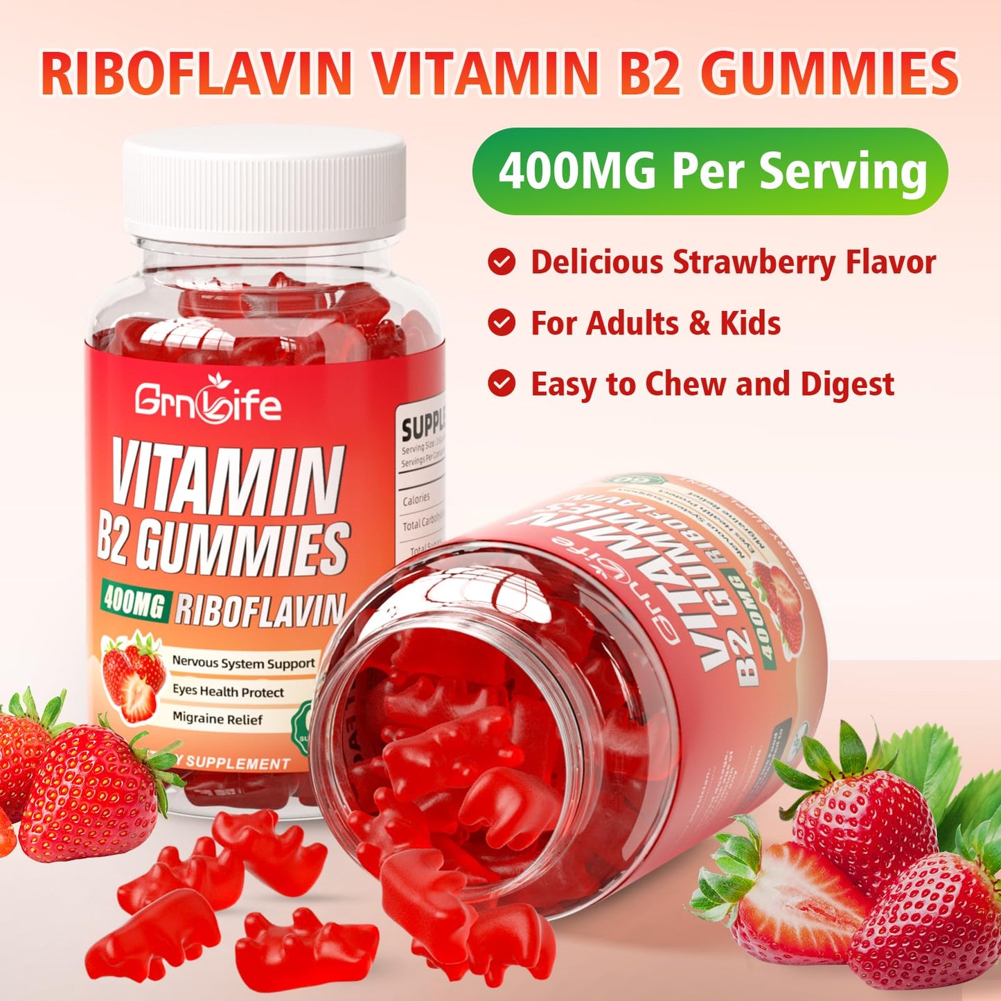 Vitamin B2 Gummies 400mg Riboflavin with Magnesium – For Kids & Adults | Migraine Relief & Energy, Strawberry, 60 Count