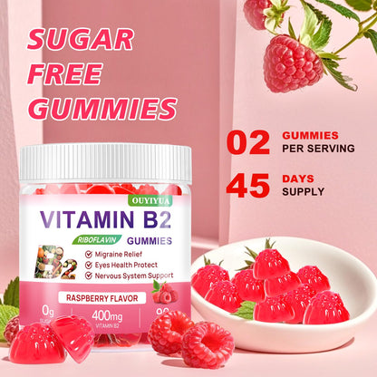 Vitamin B2 Gummies Riboflavin 400mg + Magnesium – Migraine Relief, Nervous System Support, Vegan & Sugar-Free Raspberry, 90 Count