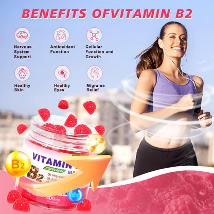 Vitamin B2 Gummies Riboflavin 400mg + Magnesium – Migraine Relief, Nervous System Support, Vegan & Sugar-Free Raspberry, 90 Count