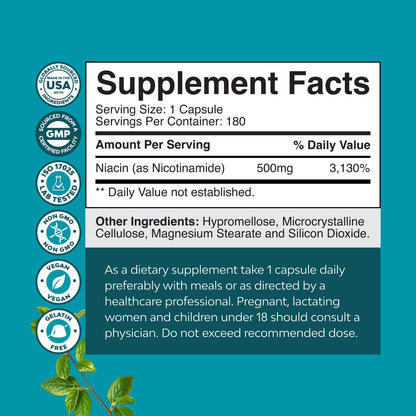 Vitamin B3 Niacinamide 500mg Capsules – Flush Free Niacin, 180 Count | Mitochondrial Energy & Skin Support