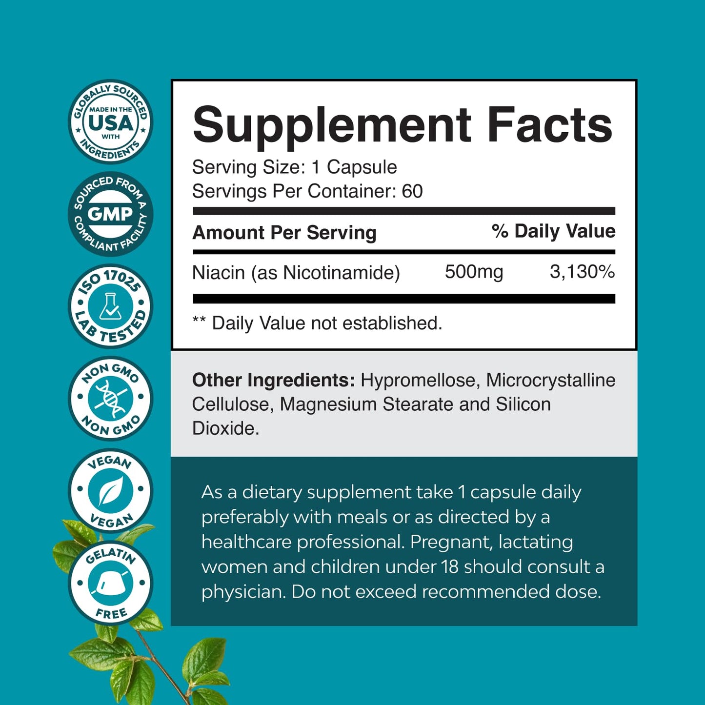 Vitamin B3 Niacinamide 500mg Capsules - Flush Free Niacin 60 Count