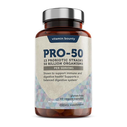 Vitamin Bounty Pro-50 Probiotics – 50B CFU, 13 Strains, Prebiotic (Digestive & Immune Support) – Women & Men