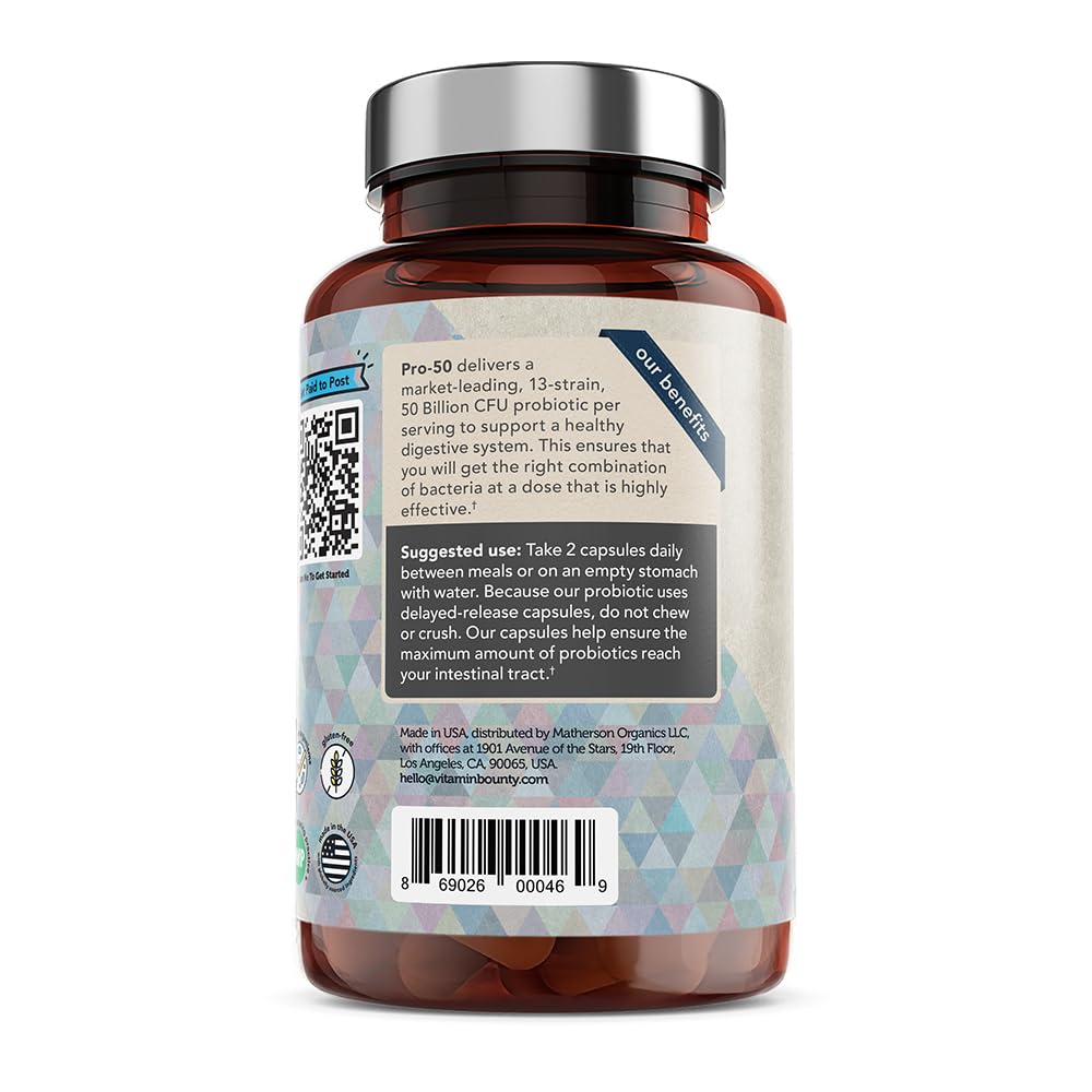 Vitamin Bounty Pro-50 Probiotics – 50B CFU, 13 Strains, Prebiotic (Digestive & Immune Support) – Women & Men
