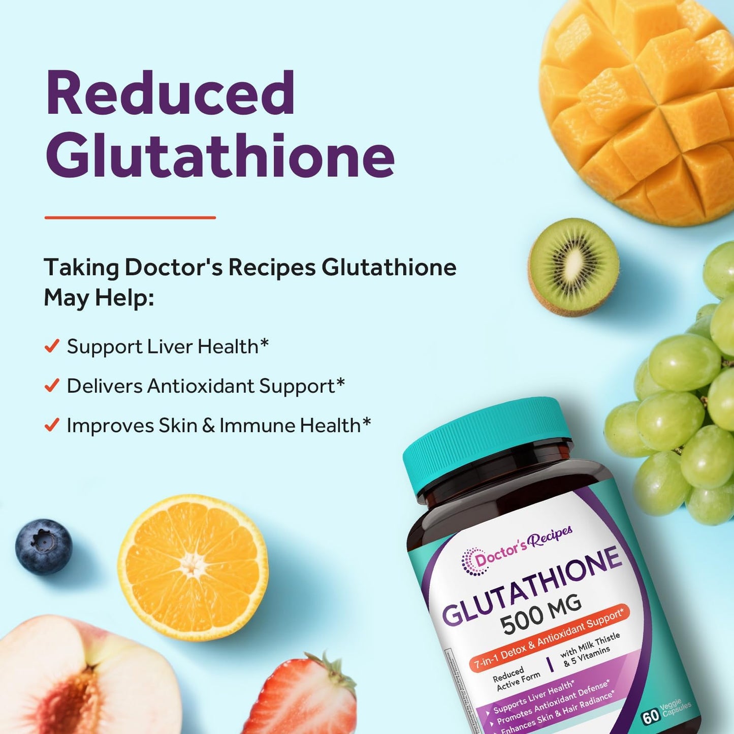 Doctor's Recipes Glutathione 500 mg - 60 Vegan Capsules | Liver & Immune Support