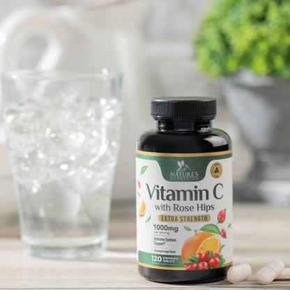 Vitamin C Chewable 1000mg - Immune Support with Rose Hips - Vegan & Non-GMO (120 Tablets)