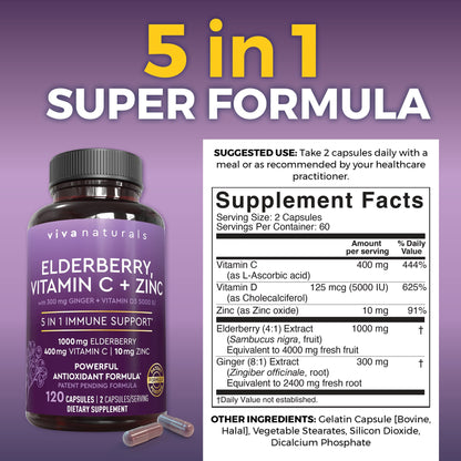 Viva Naturals Elderberry 5-in-1 Immunity Supplement - Vitamin C, D3 & Zinc