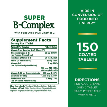 Nature's Bounty Super B-Complex with Folic Acid Plus Vitamin C – 300 Tablets (2 x 150 Count Bottles)