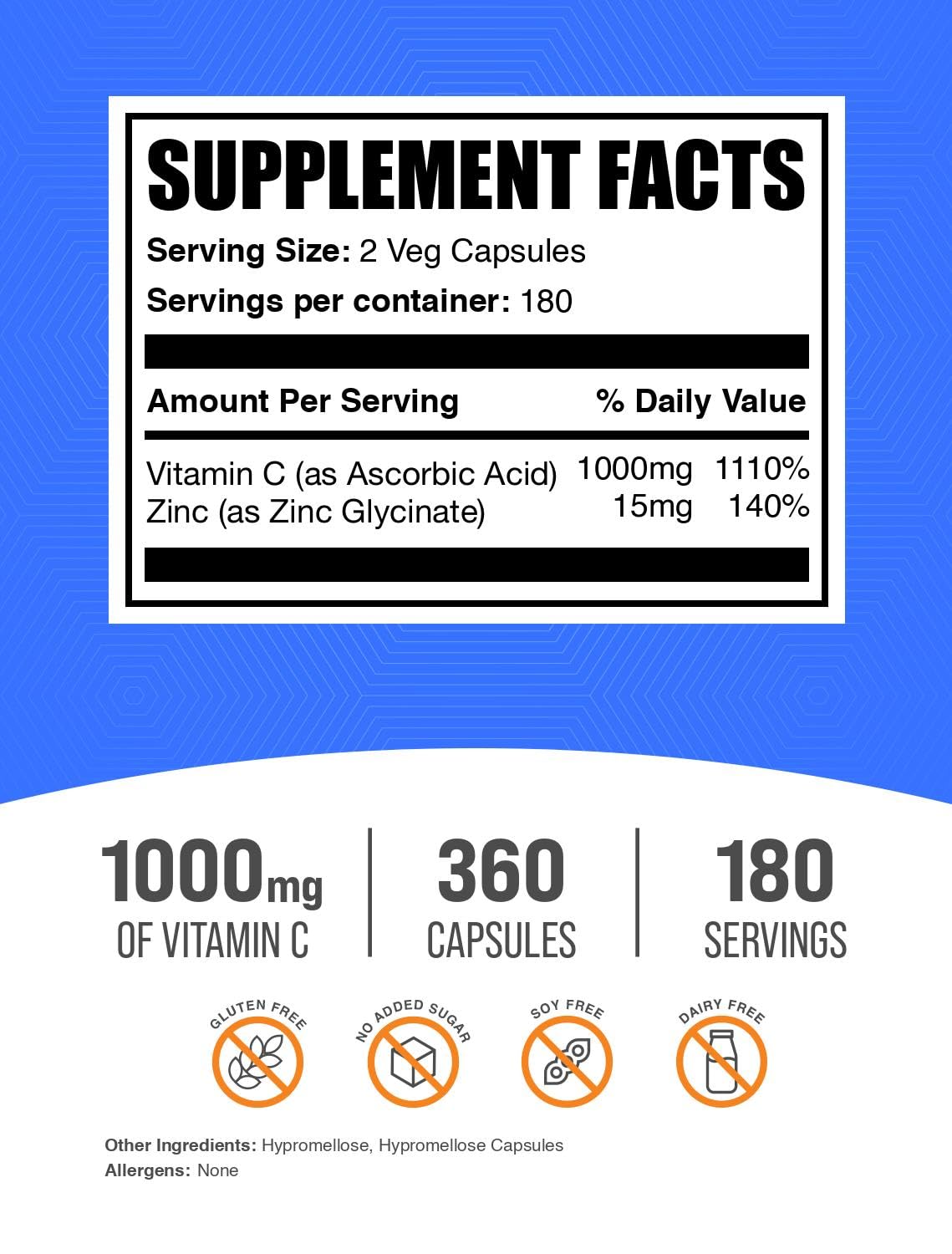Vitamin C with Zinc Capsules - 1000mg Vitamin C, 15mg Zinc | Vegan, 360-Count Veg Capsules | BulkSupplements