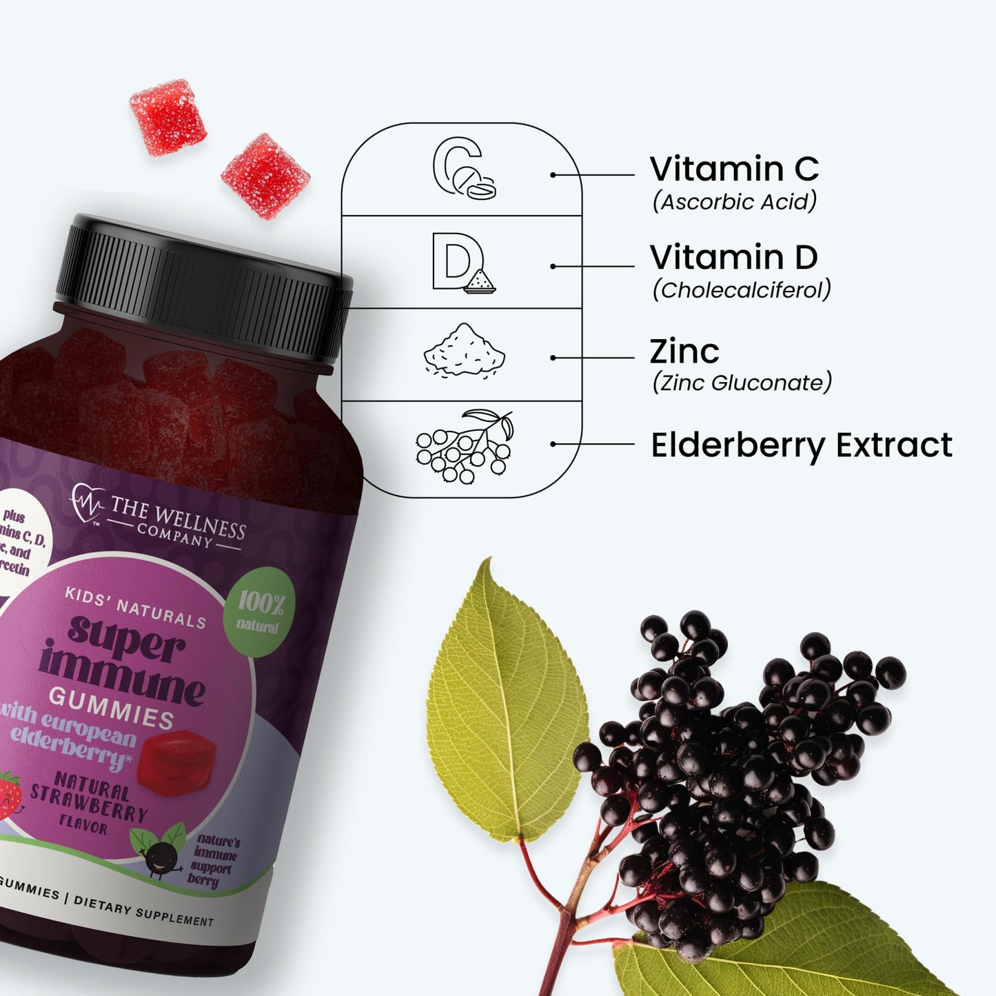Kids Naturals Elderberry Gummies – Immune Support with Vitamin C & Zinc | 60ct