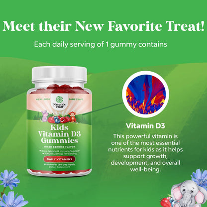 Chewable Vitamin D Gummies for Kids - Delicious Vitamin D 1000 IU Per Serving - Toddlers Immune Support Gummies - Berries Flavored Supplement for Bones Health & Muscles - Gelatin Free - 60 Chews