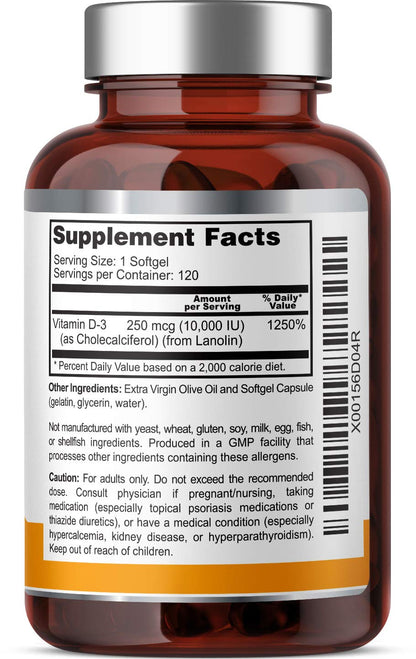 Vitamin D-3 10000 IU 120 Softgels – High-Potency in Extra Virgin Olive Oil (Pack of 2)