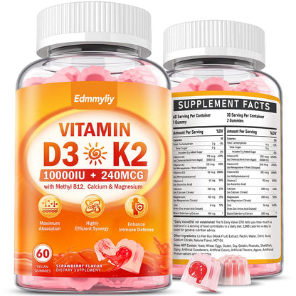 Vitamin D3 10000IU Gummies with K2 – Vegan, Sugar-Free Immune Support