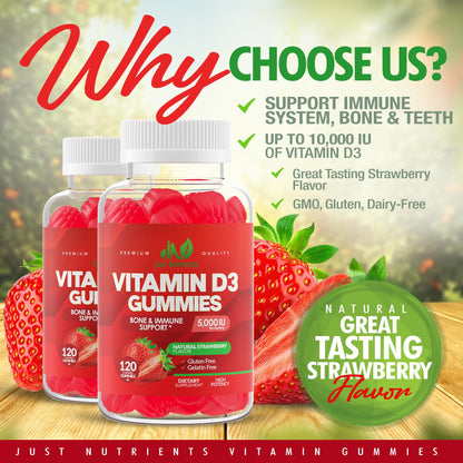 Vitamin D3 Gummies 5000IU/10000IU for Adults & Kids – Immune Support, Bones & Teeth | Gluten-Free & Non-GMO | Strawberry Flavor