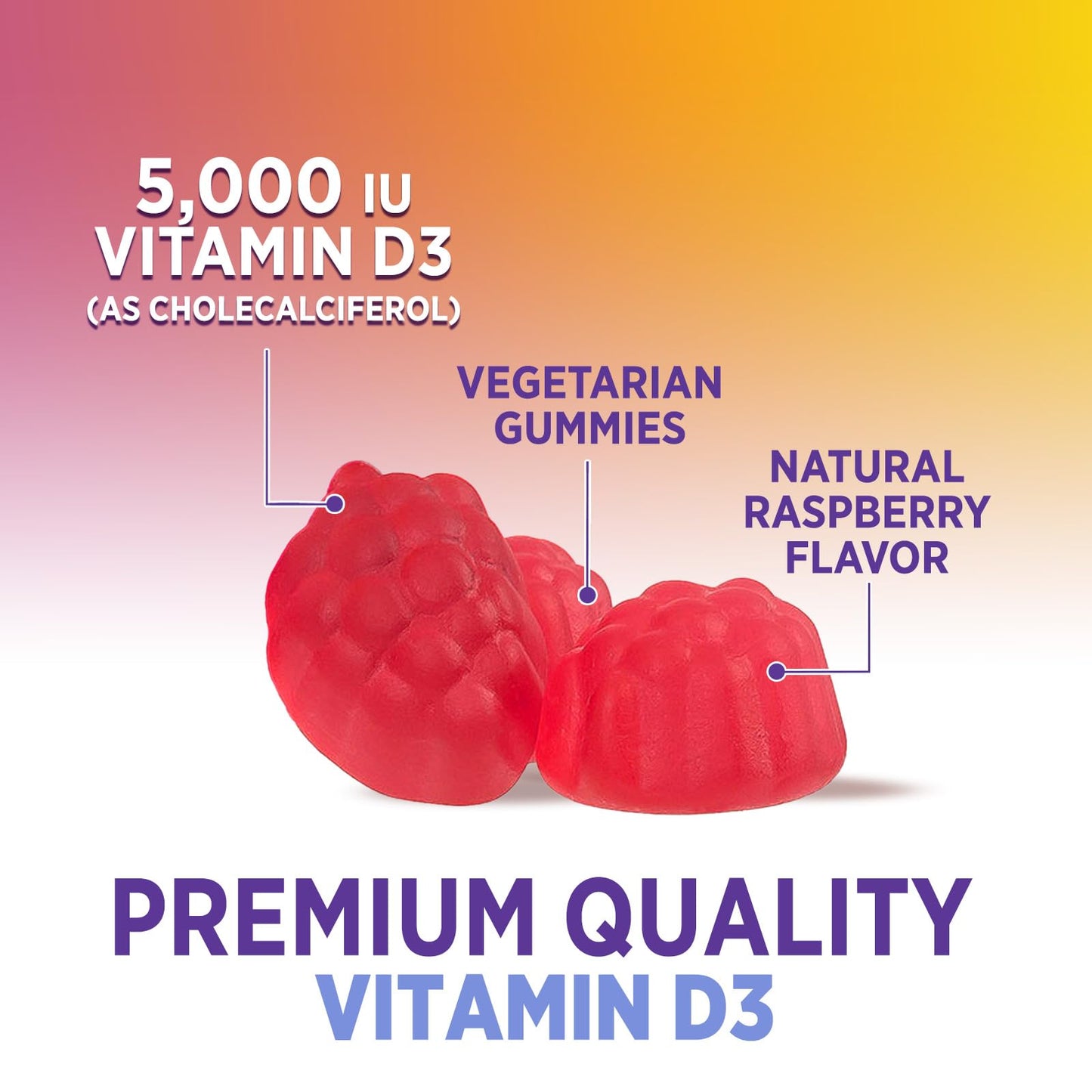 Vitamin D3 Gummies 5000 IU (125 mcg) - Triple Strength Bone and Immune Support, Vitamin D Gummy Dietary Supplement, Nature's Berry D Vitamin Supplement, Raspberry Flavored, Non-GMO - 120 Gummies