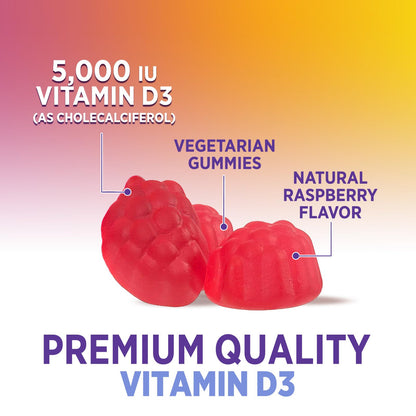 Vitamin D3 Gummies 5000 IU (125 mcg) - Triple Strength Bone and Immune Support, Vitamin D Gummy Dietary Supplement, Nature's Berry D Vitamin Supplement, Raspberry Flavored, Non-GMO - 120 Gummies