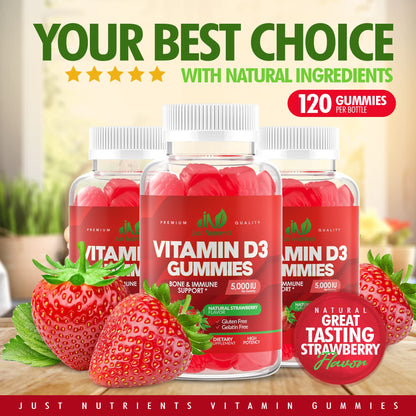 Vitamin D3 Gummies 5000IU/10000IU for Adults & Kids – Immune Support, Bones & Teeth | Gluten-Free & Non-GMO | Strawberry Flavor