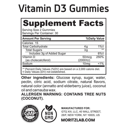 Vitamin D3 Gummies 2000 IU for Kids & Adults | High-Absorption Vegetarian D3 (60 Count)