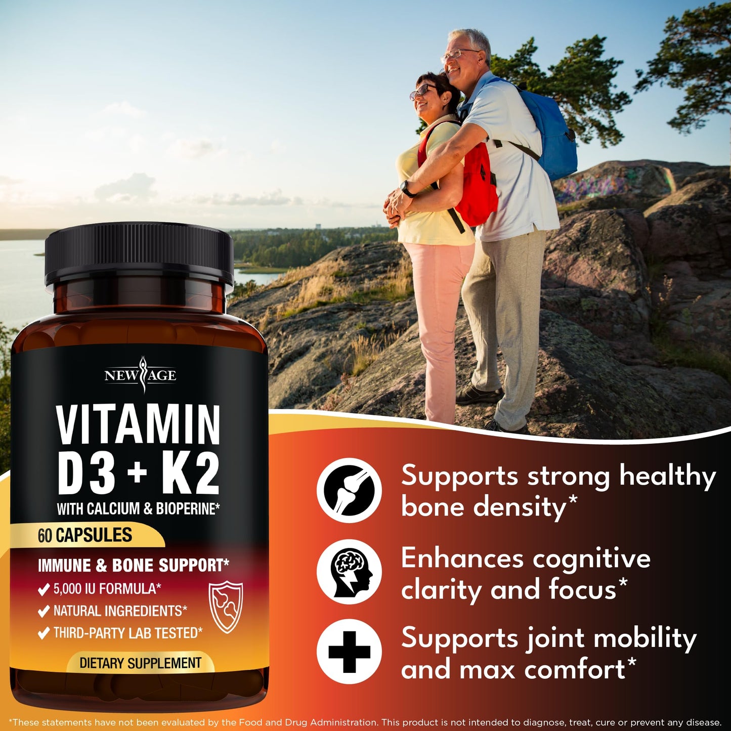 Vitamin D3 5000 IU + K2 MK-7 100 mcg - 2-in-1 Bone, Immune & Heart Support