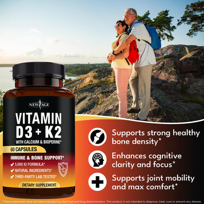 Vitamin D3 5000 IU + K2 MK-7 100 mcg - 2-in-1 Bone, Immune & Heart Support