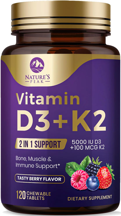 Vitamin D3 K2 5000 IU Berry Chewable – Immune & Bone Health (120 Tabs)