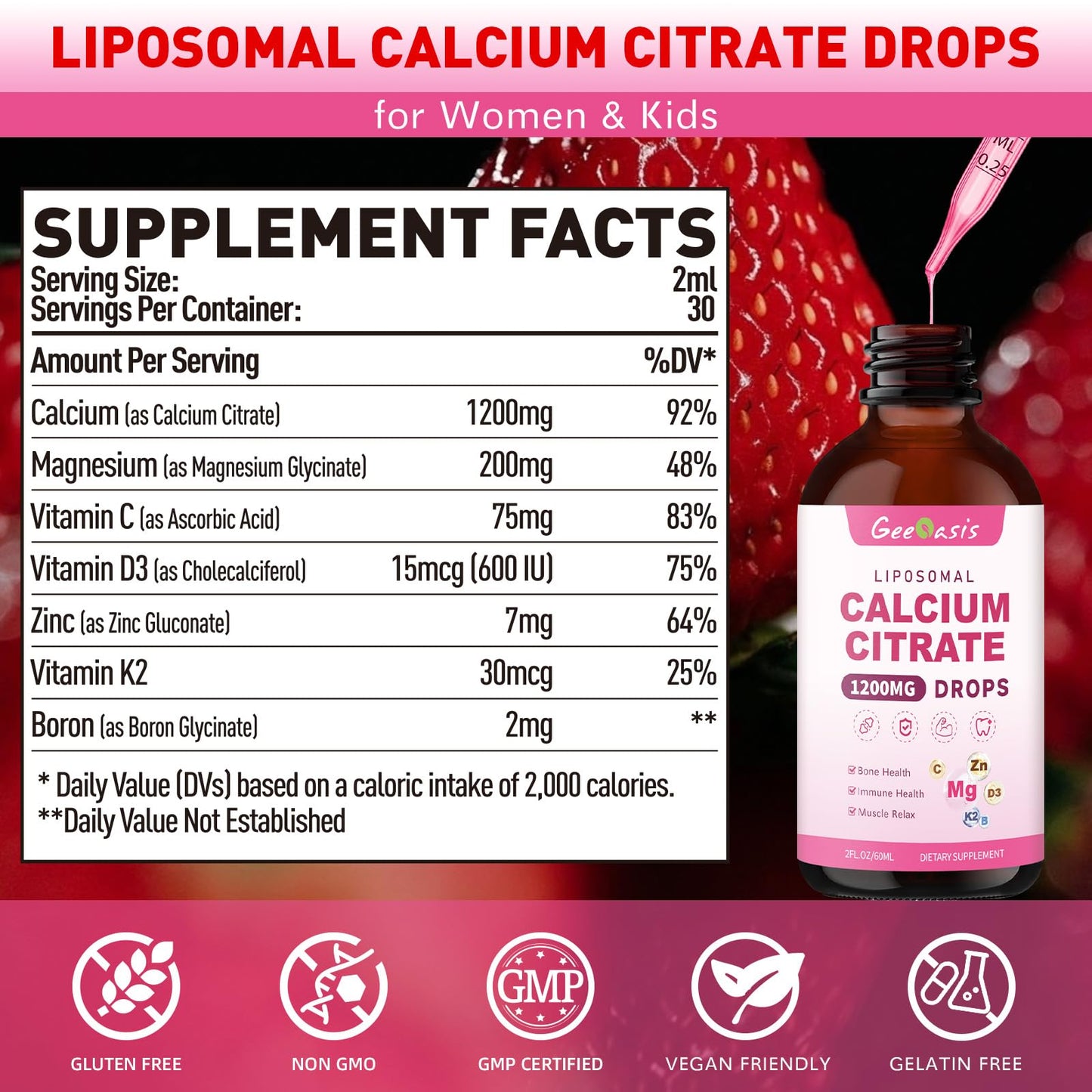 Liposomal Liquid Calcium Citrate Drops 1200mg – Bone Health & Immune Support, 2 oz