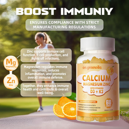 Calcium Magnesium Zinc Gummies with Vitamin D3 & K2 - High Potency, Enhanced Absorption - 120 Orange Gummies