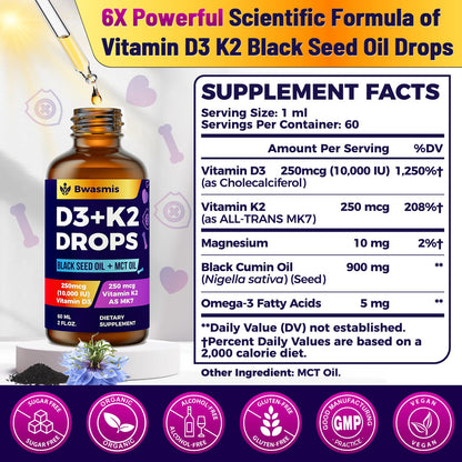 Vitamin D3 K2 Drops 10000IU with Organic Black Seed Oil – 6-in-1 Liquid (2 oz)
