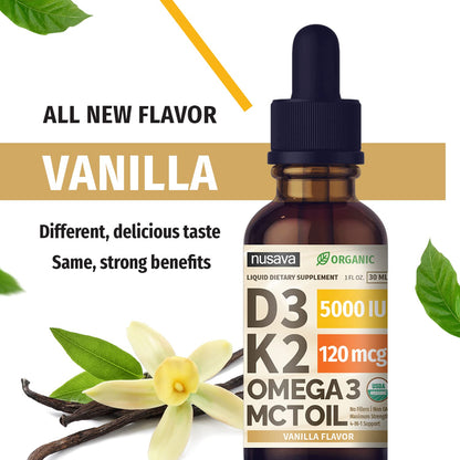 (2 Pack) Organic Vitamin D3 K2 Drops with MCT Oil | 5000 IU, Non-GMO, Vanilla
