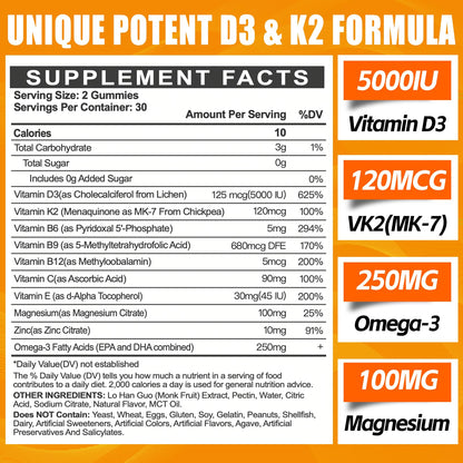 Vitamin D3 K2 Gummies for Adults – 5000IU D3 + 120mcg MK-7 K2 | Sugar-Free, Omega-3 & B Vitamins