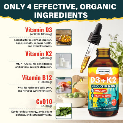 Vitamin D3 K2 MK-7 4000 IU Liquid Drops – CoQ10 & B12 for Bone Health