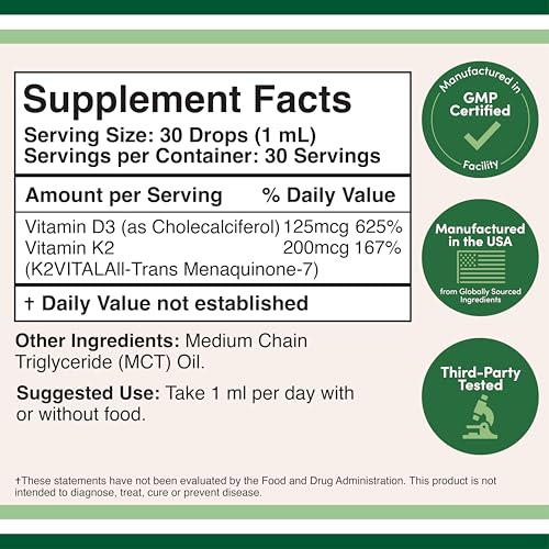 Vitamin D3 K2 Liquid Drops 5,000 IU | K2Vital MK-7 200 mcg | Double Wood