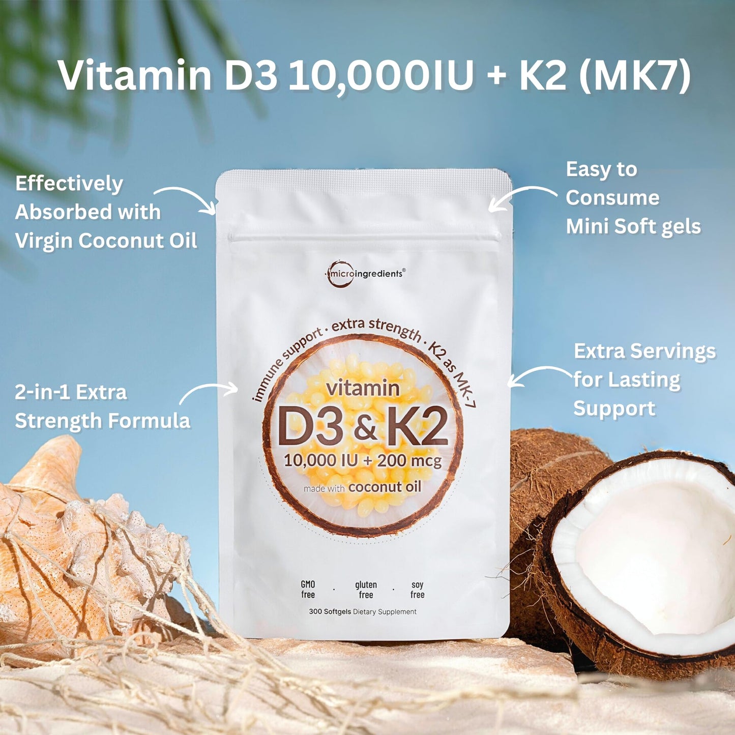 Micro Ingredients Vitamin D3 10,000 IU + K2 MK-7 200 mcg | 300 Softgels, D3 & K2 Complex