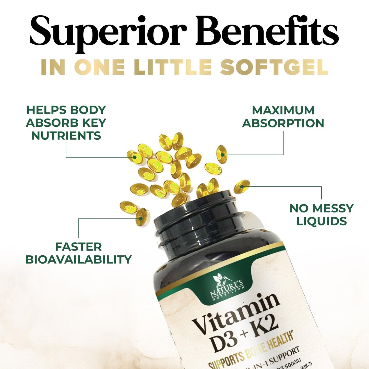 Vitamin D3 K2 5000 IU Plus with K2 MK-7 - 240 Softgels | Non-GMO