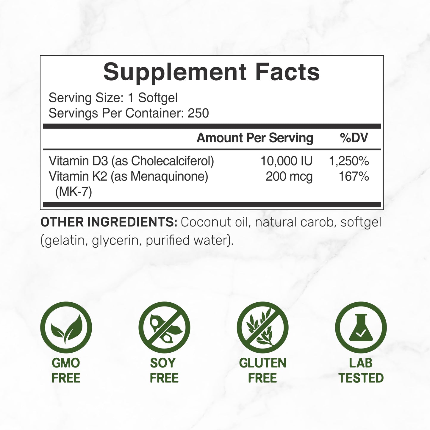 DEAL SUPPLEMENT Vitamin D3 10,000 IU + K2 MK7 200mcg Softgels – 2-in-1 Coconut Oil Carrier, 250 Count