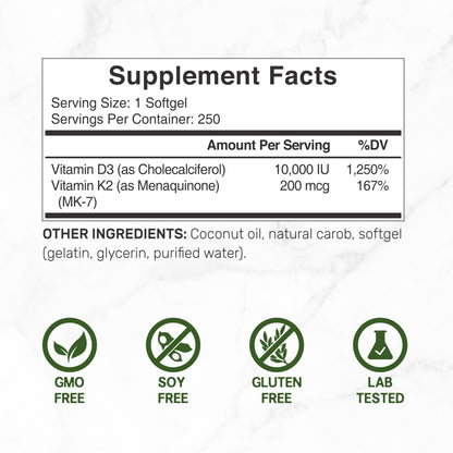 DEAL SUPPLEMENT Vitamin D3 10,000 IU + K2 MK7 200mcg Softgels – 2-in-1 Coconut Oil Carrier, 250 Count