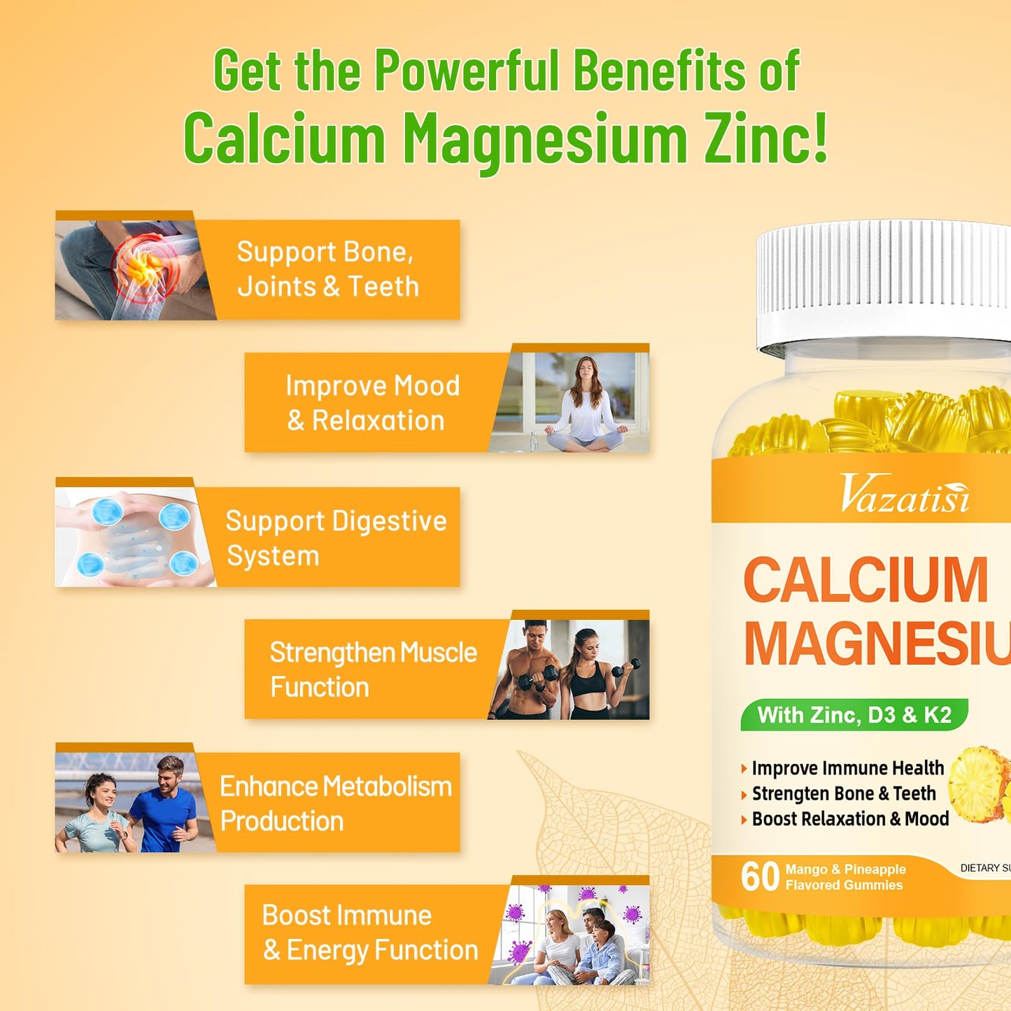 Calcium Magnesium Zinc Gummies with Vitamin D3 & K2 – Vegan Mango-Pineapple, 60 Gummies