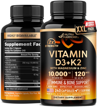 Vitamin D3 K2 10000 IU + MK-7 120 mcg | Immune, Bone & Mood Support | Made in USA | 240 Capsules