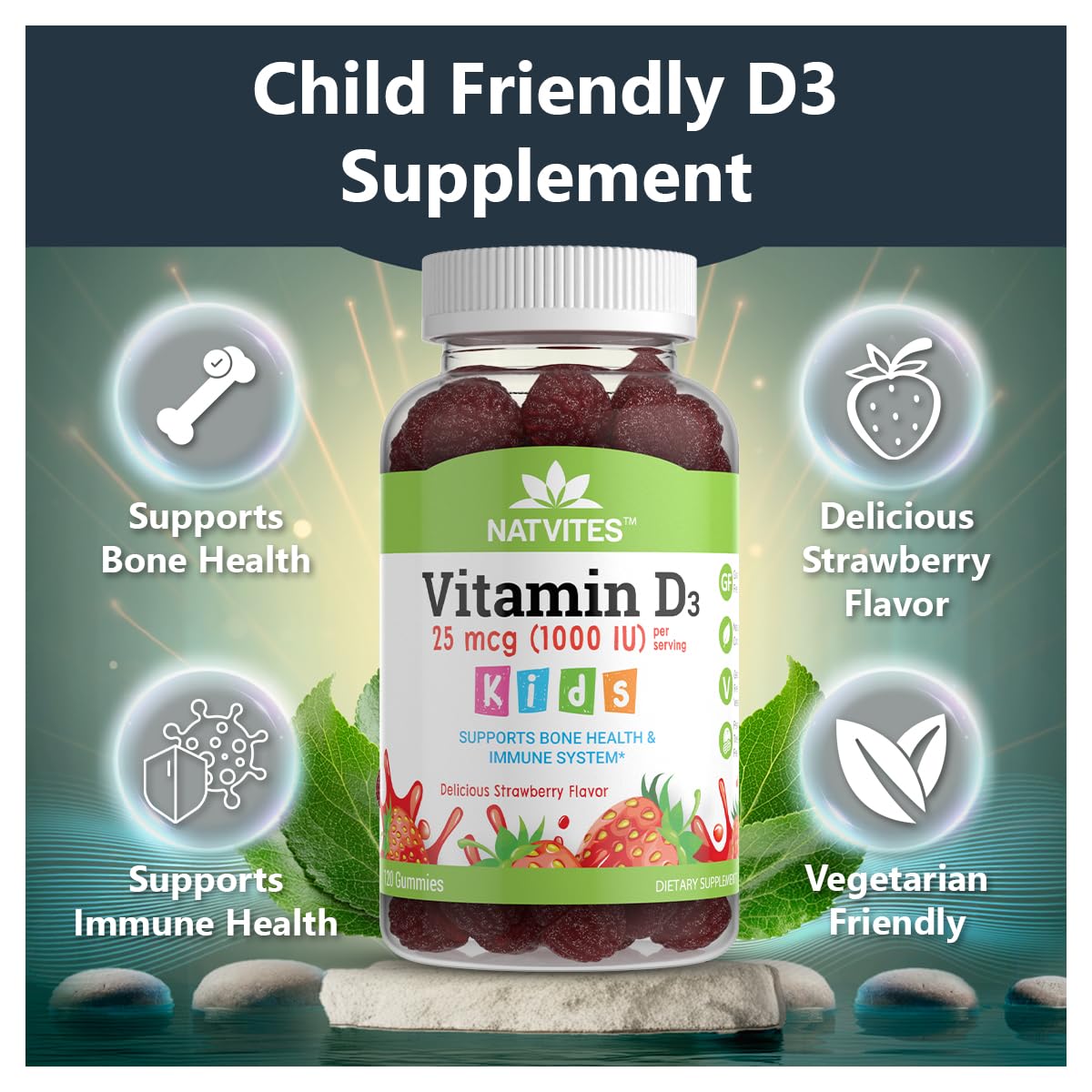 Vitamin D3 Gummies for Kids - 1000 IU Strawberry, Vegan & Non-GMO