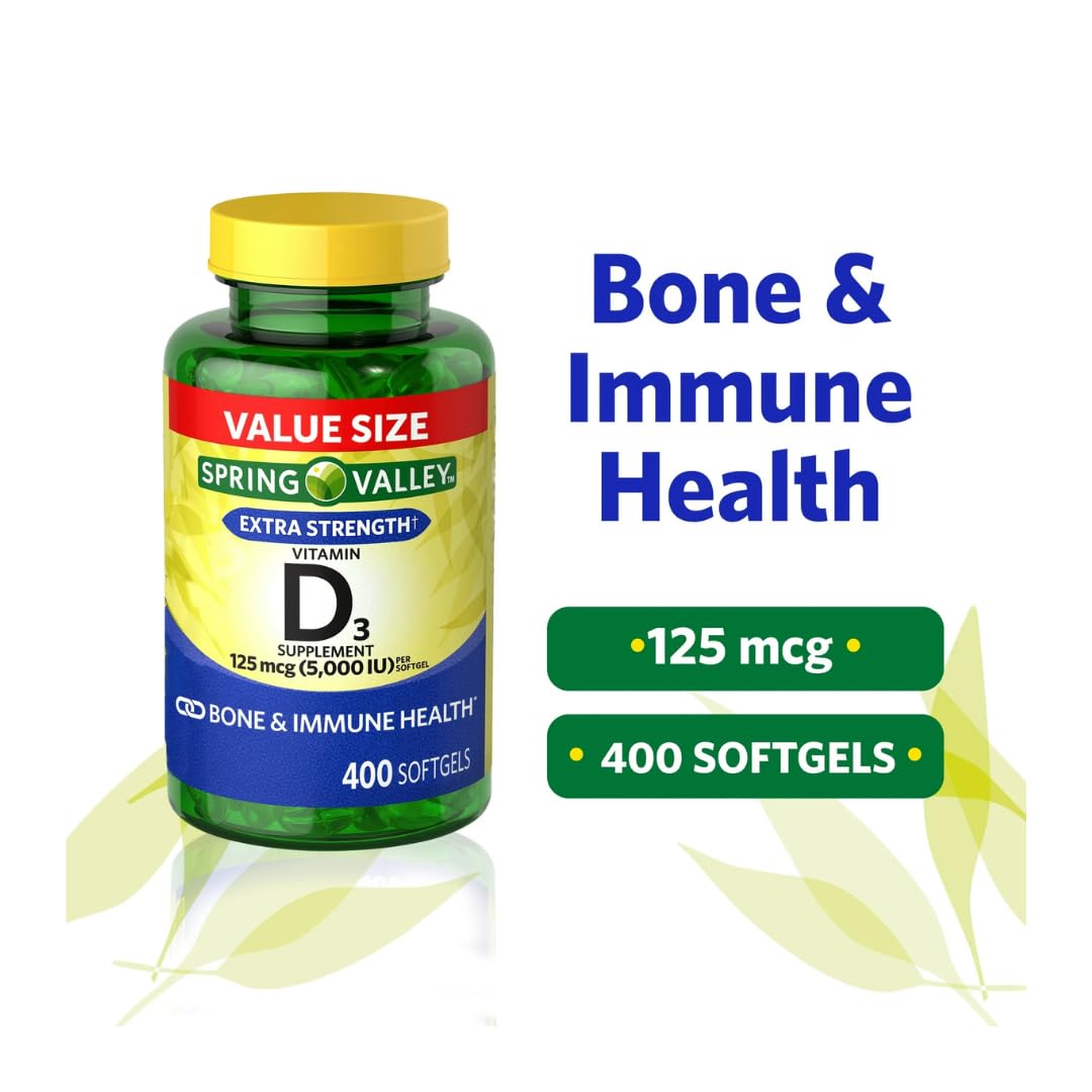 Spring Valley Vitamin D3 Softgels 125 mcg (5,000 IU) – 400 Count + Gift Ice Roller