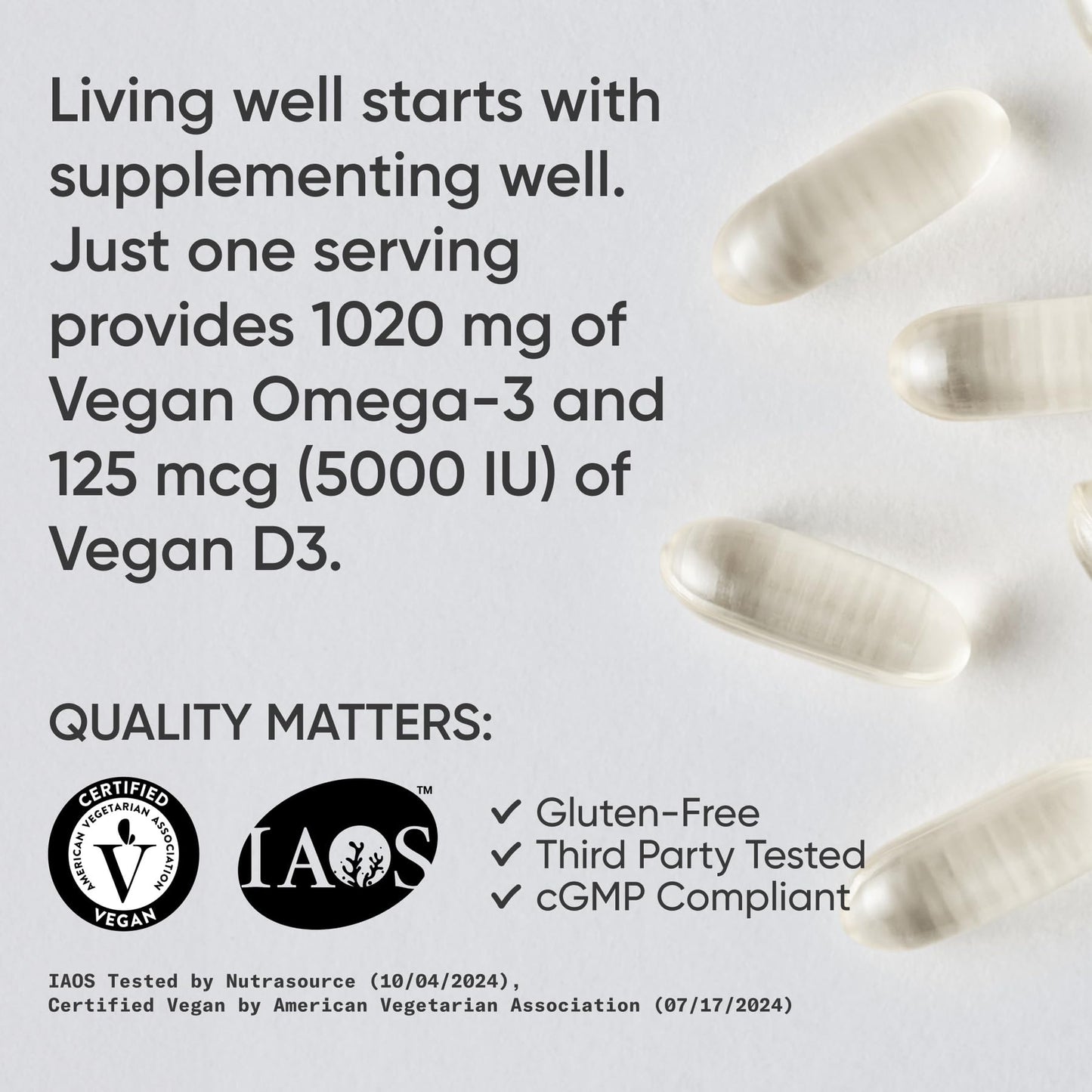 Sports Research Vegan Omega-3 + Vitamin D3 Softgels – 1020mg Omega-3, 5000 IU D3 (60 Veggie Softgels)