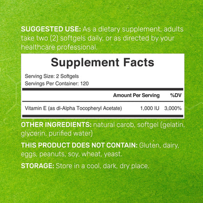 Vitamin E 1,000 IU – 240 Softgels | dl-Alpha Tocopheryl Acetate, Non-GMO