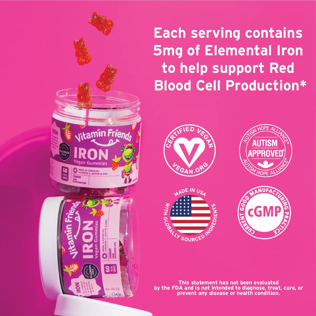 Vitamin Friends Vegan Iron Gummies for Kids – 60 Day Strawberry Multivitamin + Ferrous Fumarate