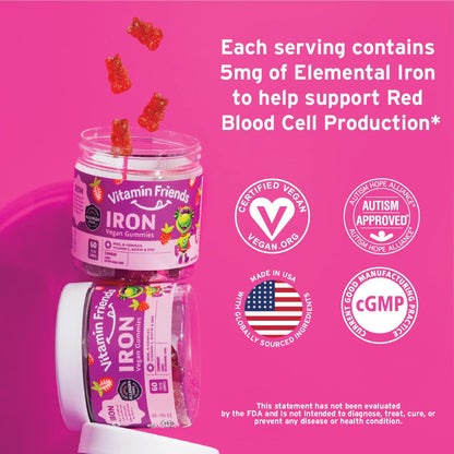 Vitamin Friends Vegan Iron Gummies for Kids – 60 Day Strawberry Multivitamin + Ferrous Fumarate