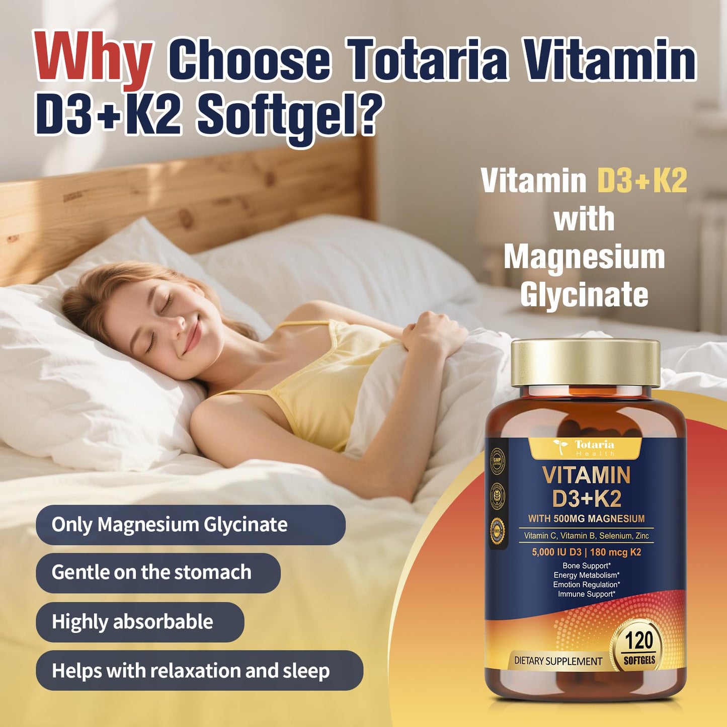 9-in-1 Magnesium Glycinate 500mg + Vitamin D3 5000 IU & K2 | 120 Softgels