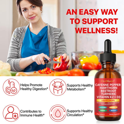 2-Count Cayenne Pepper Drops with Hawthorn, Beet Root, Turmeric, Vitamin K2 & D3 - 60ml
