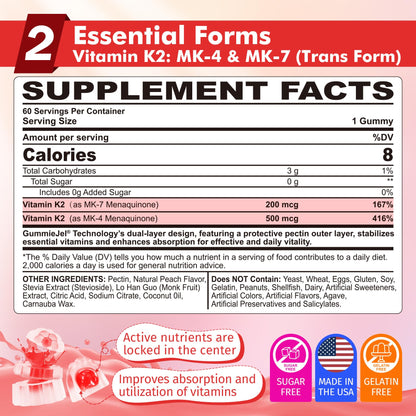 Vitamin K2 Gummies MK-7 & MK-4 – Sugar Free, 2-in-1 Full Spectrum K2