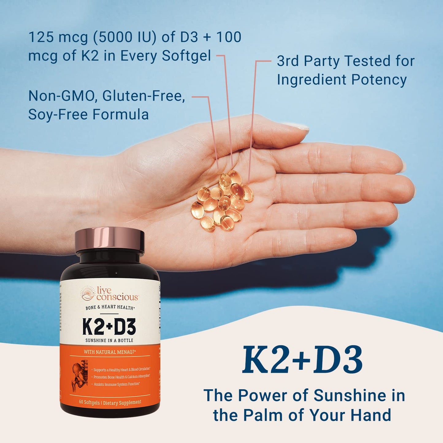 Live Conscious Vitamin K2 MK7 with D3 5000 IU - Bone & Heart Health Support | 60 Softgels