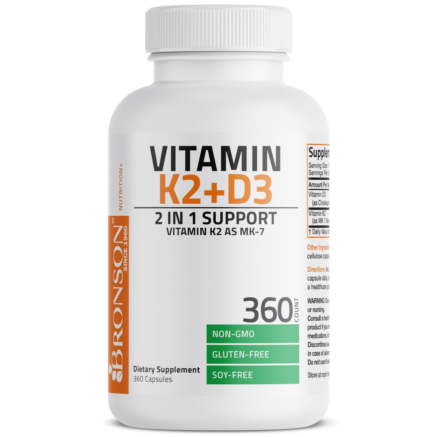 Bronson Vitamin K2 MK-7 with D3 – Non-GMO, 360 Capsules, 5000 IU D3