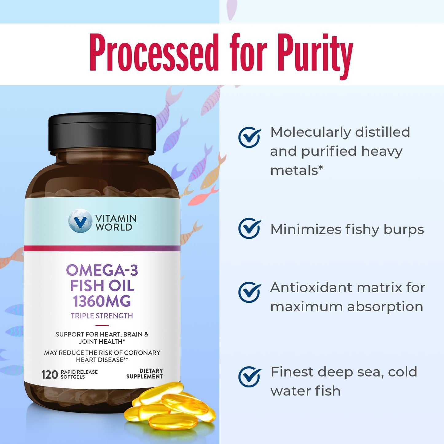 Vitamin World Triple Strength Omega-3 Fish Oil 1360 mg | EPA/DHA 950 mg | 120 Softgels